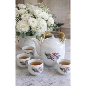Kuo Bao Vintage Japanese Porcelain Floral White Tea Set Bamboo Handle 4 Cups
